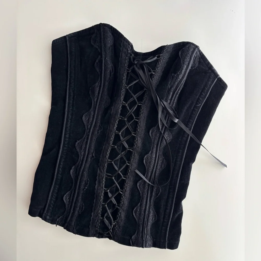 TRIPP NYC Black Velvet Corset with zipper and lace ties Size XS Vintage - Picture 1 of 11